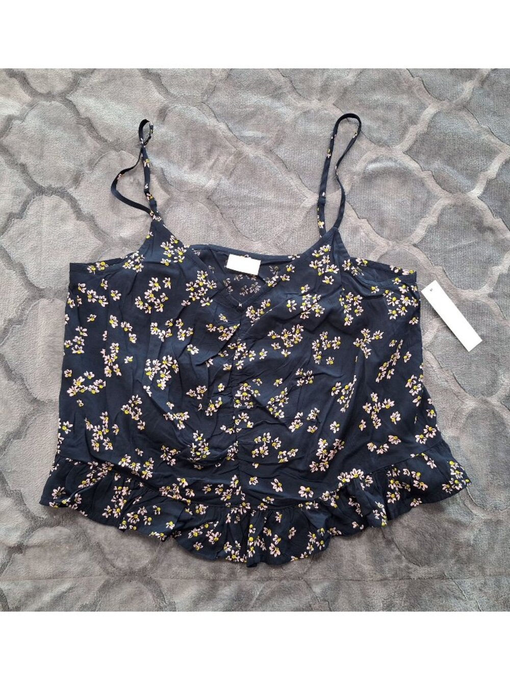 Abound Floral Ruffle Hem Navy Sleeveless Top/Sz M Adjustable Straps